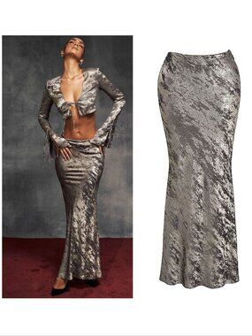 House of CB Clara Skirt Size XS Biased Cut Midi Pewter Stretch Satin NEW